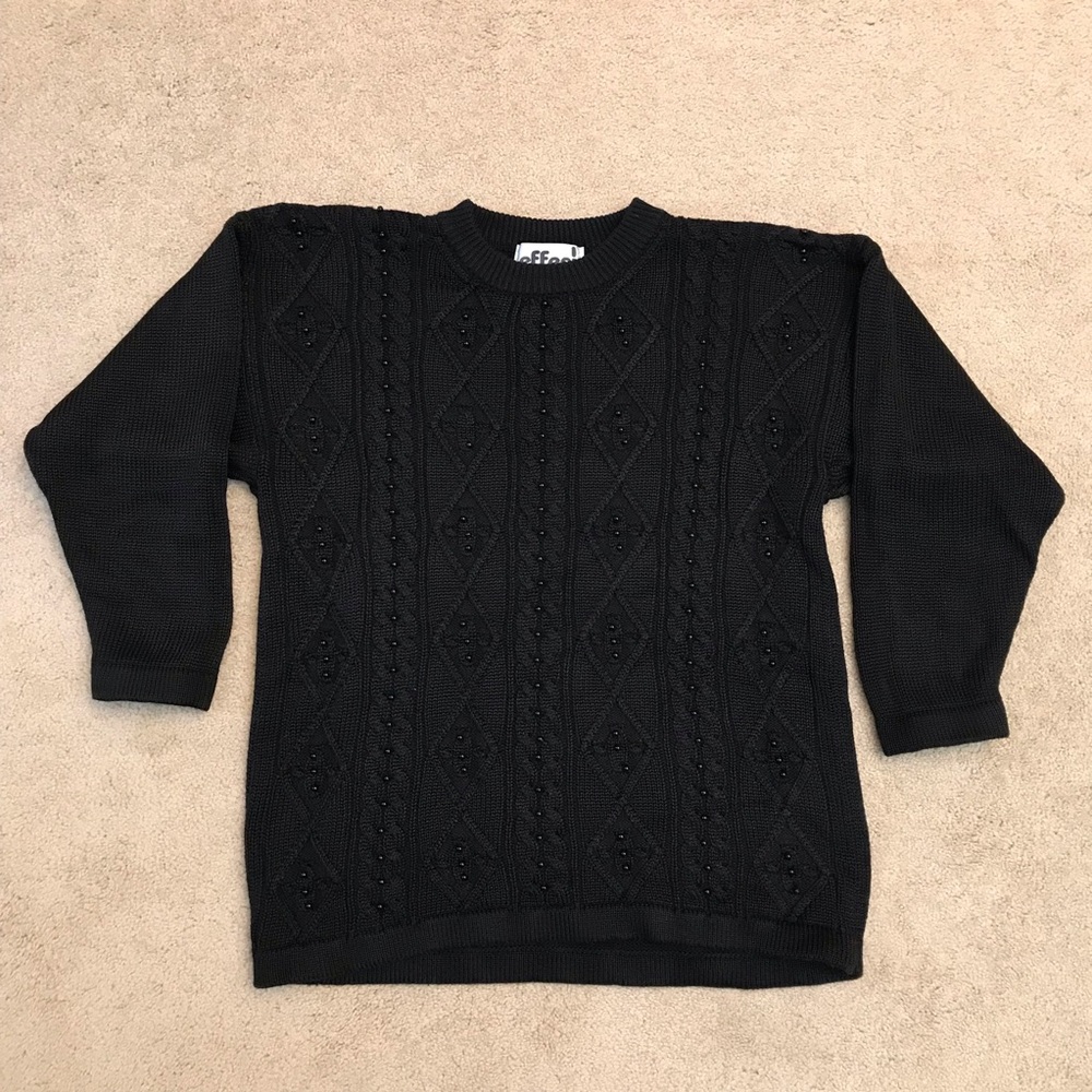 Vintage 90s Black Cable Knit Beaded Crewneck Sweater Womens Small Oversized